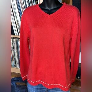 Lady Fairway Pullover Sweater Women’s S Red Hem Accent Knit V-Neck Soft